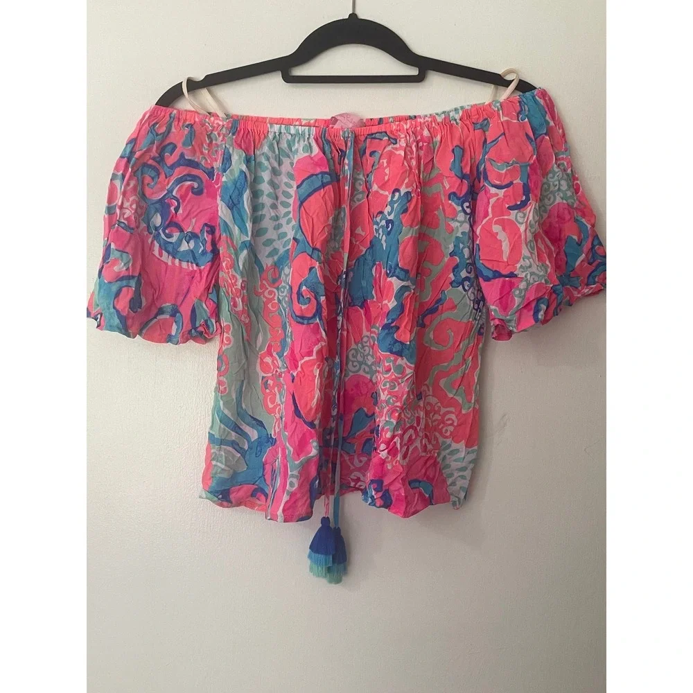 Lilly Pulitzer Sain Off-Shoulder Top in Coral Reef I'm So Jelly Size S
